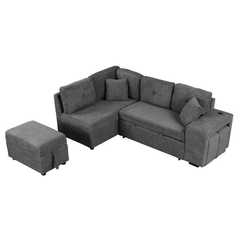 87.7" Chenille Sleeper Sectional Sofa with Wireless Charging & Stools