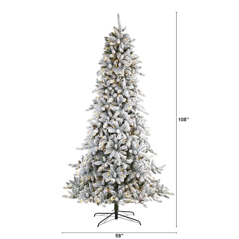 9’ Pre-Lit Flocked Livingston Fir and Cones Artificial Christmas Tree, Warm Clear LED Lights - 9 Foot