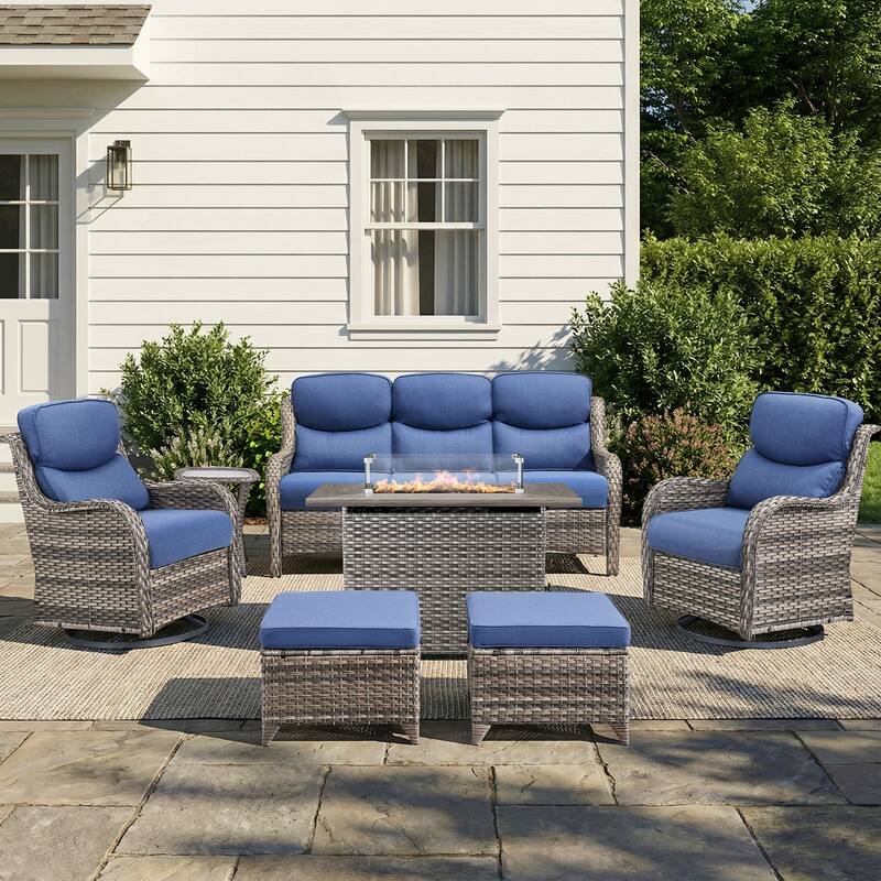 Pocassy Outdoor Fire Pit Sofa Swivel Chairs Ottoman Conversation Set - Gray Wicker Blue Cushion - 7-Piece Sofa Swivel Chair Ottoman w/ Fie Table