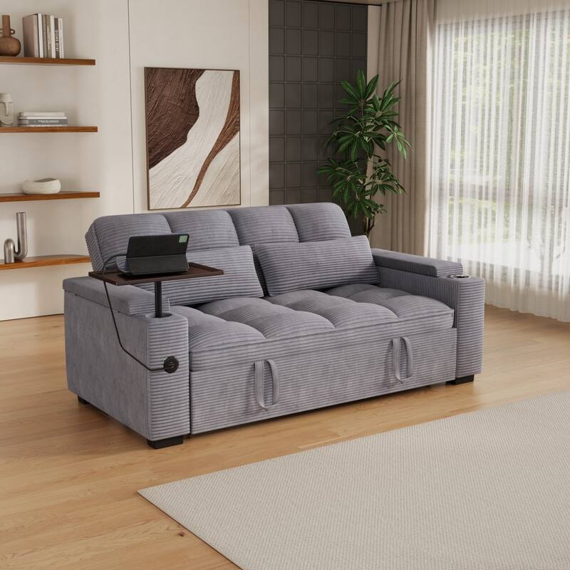 65'' Chenille 3-in-1 Folding Sectional Sofa with 360-Degree Swivel Side Table - Grey