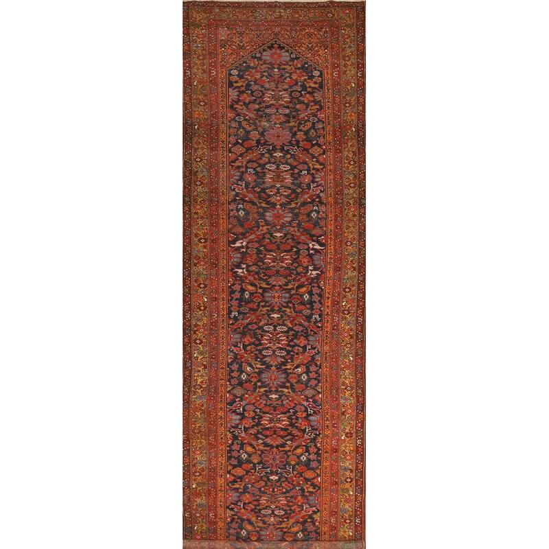 Hand Knotted Oriental 100% Wool Carpet Traditional Floral Navy Blue & Blues Malayer Runner Rug - 15' 8'' X 3' 7''