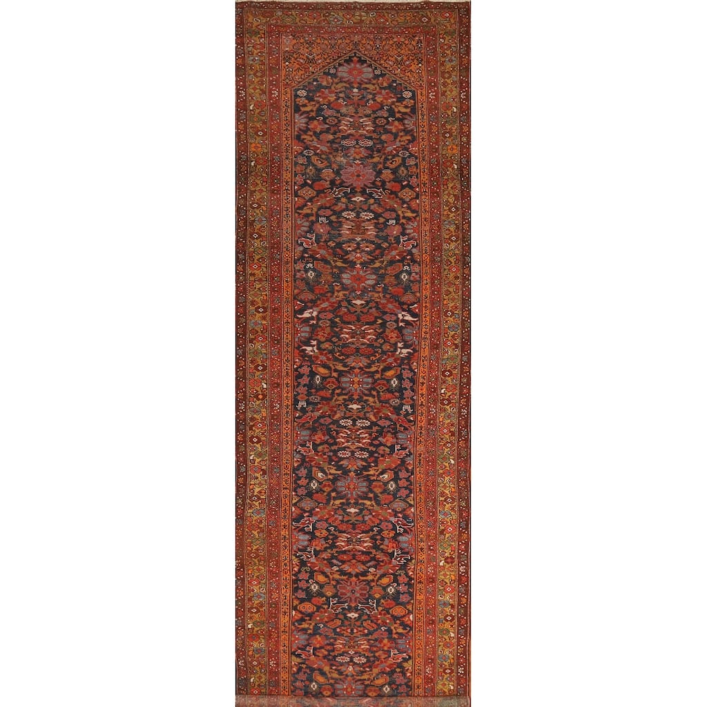 Hand Knotted Oriental 100% Wool Carpet Traditional Floral Navy Blue & Blues Malayer Runner Rug - 15' 8'' X 3' 7''