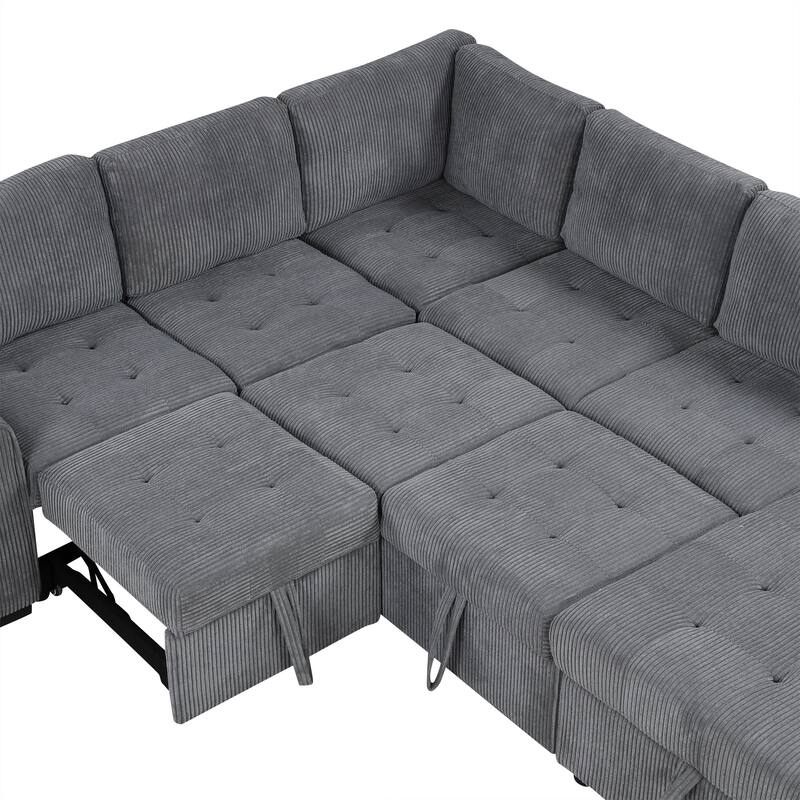 107.5" U-Shaped Corduroy Sectional Sofa with Pull-Out Bed, Storage Chaise, USB Ports and Power Sockets (5-Seater)