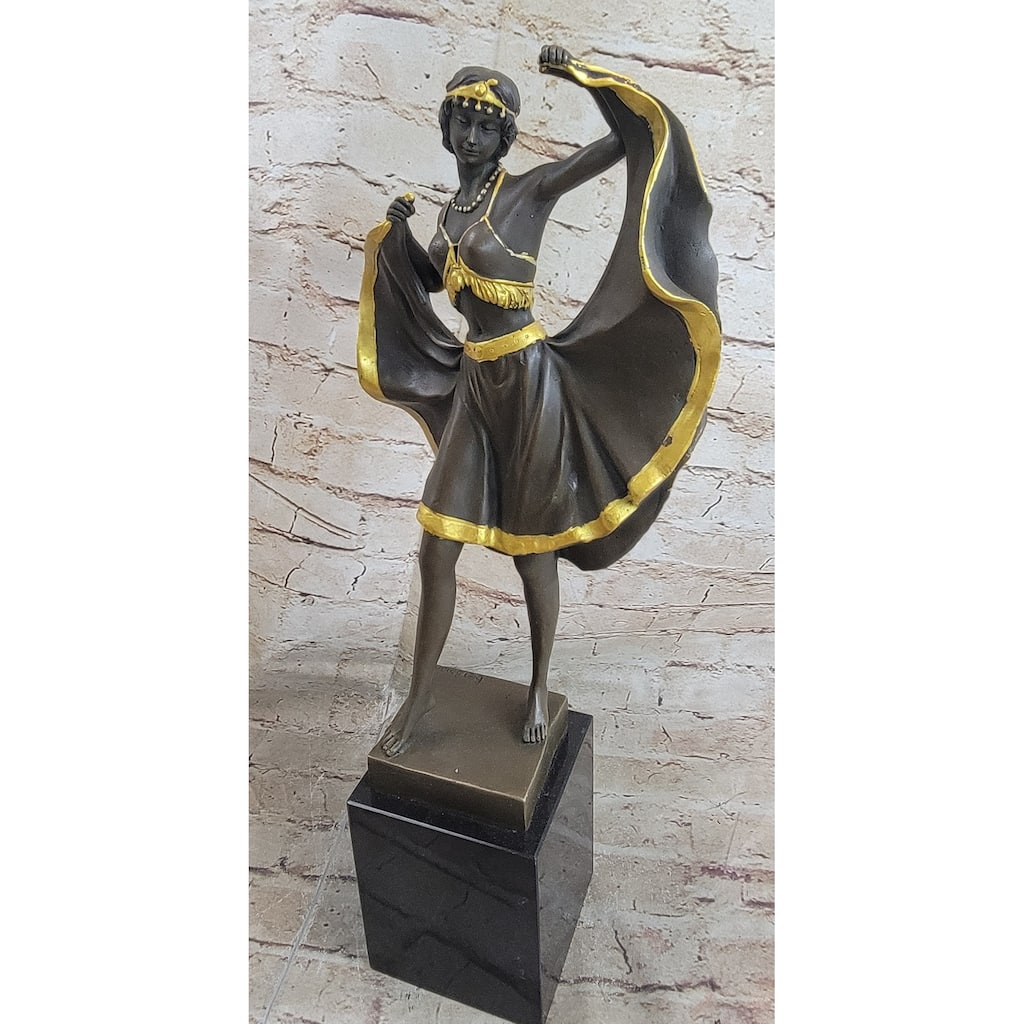 Belly Dancer Lifting Skirt Art Deco Bronze Statue Sculpture On Marble Base By Bergman