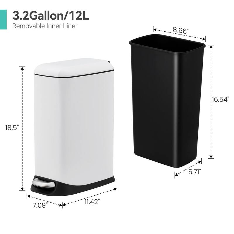 Bathroom Trash Can with Lid, Stainless Steel Kitchen Trash Can with 12 Liter for Kitchen or Bathroom, White