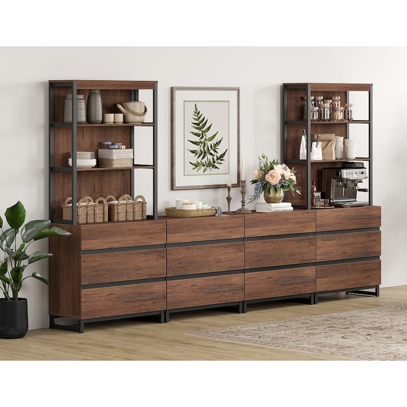 WAMPAT Modern TV Stand with 3 Tiers Bookshelf, Farmhouse Entertainment Center with 12 Drawers and Adjustable Shelf