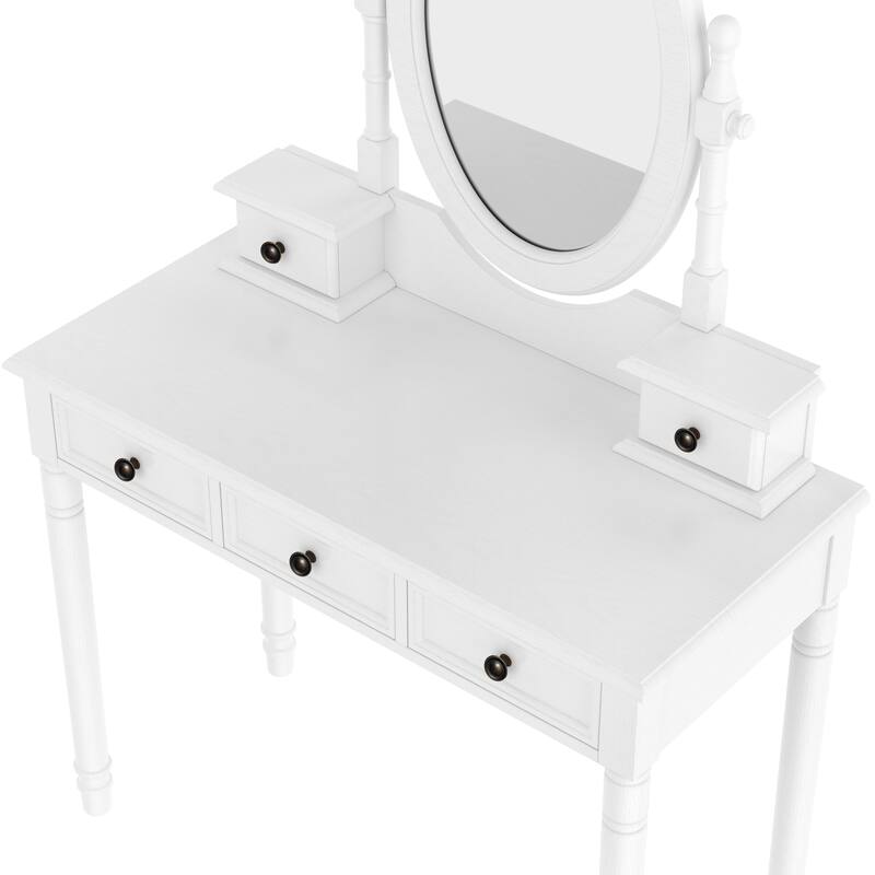 Vanity Desk with Adjustable Angle Mirror,Vanity Makeup Table and Cushioned Stool Set with Velvet Fabric Lining 5 Drawers