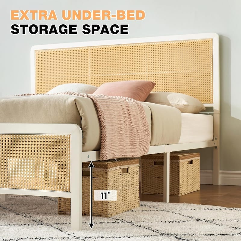 Rattan Bed Frame with Headboard LED Lights and Footboard