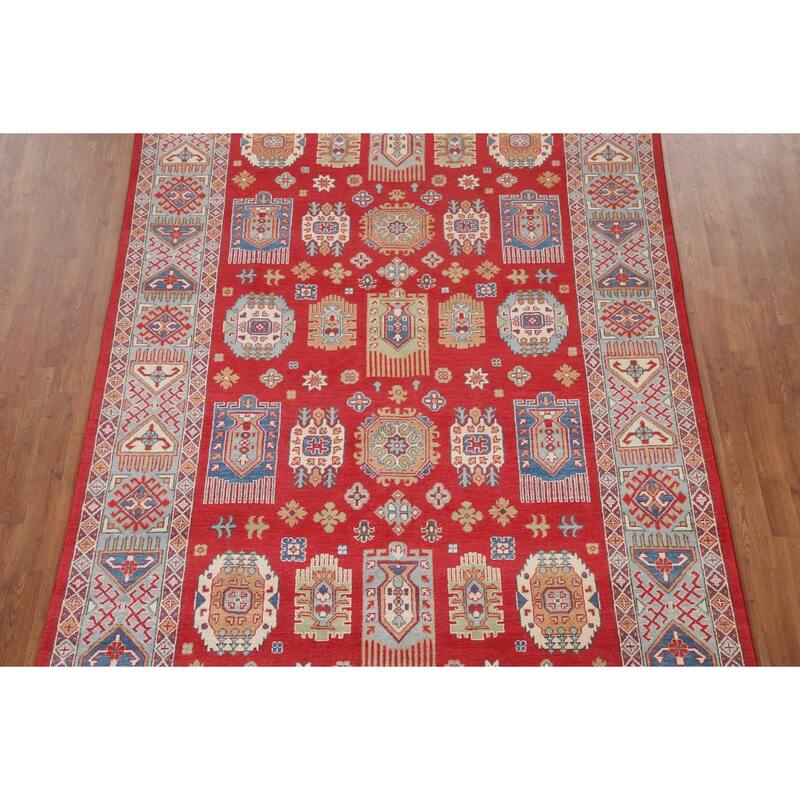 Hand Knotted Oriental 100% Wool Carpet Traditional Geometric Red Kazak Area Rug - 9' 8'' X 6' 4''