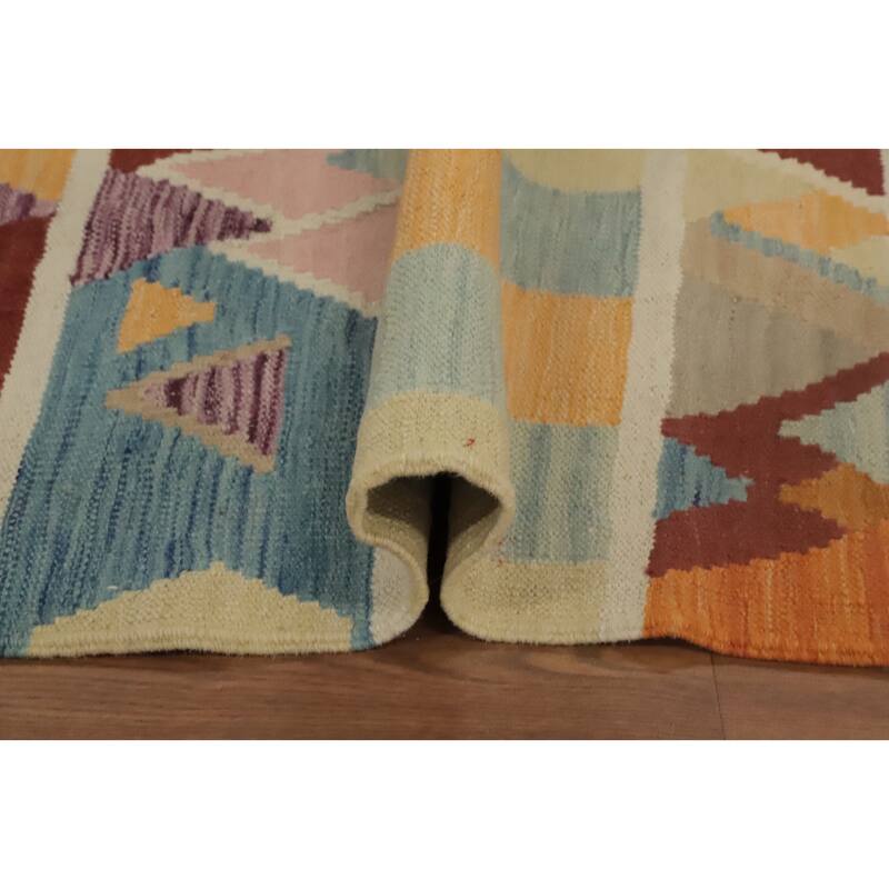 Hand Woven Oriental 100% Wool Carpet Southwestern Geometric Multi-Colored Kilim Runner Rug - 8' 2'' X 2' 0''