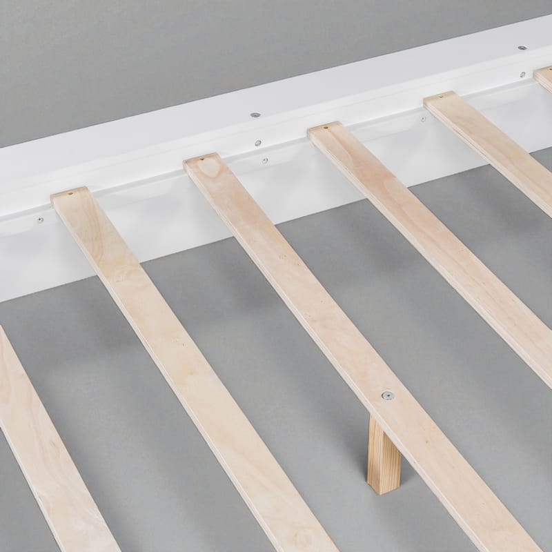Queen/King White Wood Canopy Platform Bed with LED Lights and Slats, Modern Bedroom Frame No Box Spring Needed