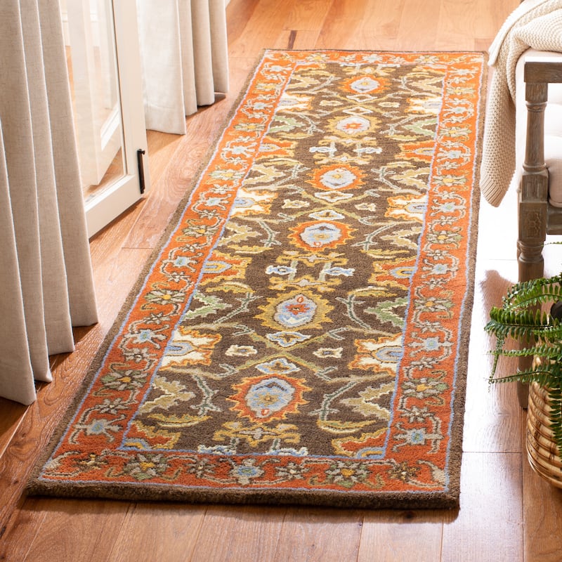 SAFAVIEH Handmade Heritage Dot Daisy Traditional Oriental Wool Rug - 2' 3" x 8' - Chocolate/Tangerine - Runner
