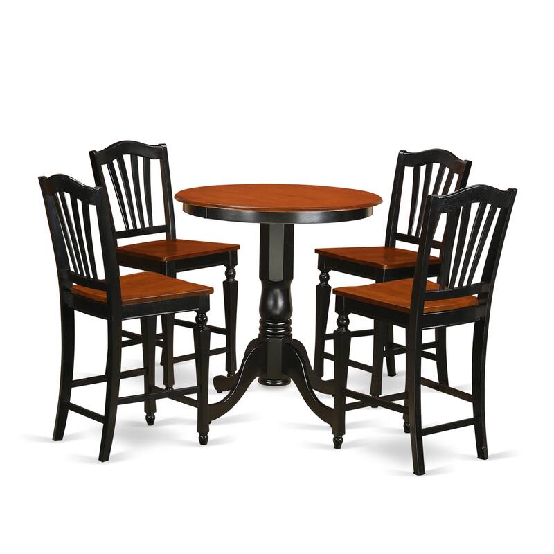 East West Furniture 5 Piece Kitchen Table Set- a Round Table with Pedestal and 4 Dining Chairs, Black & Cherry(Seat Option)