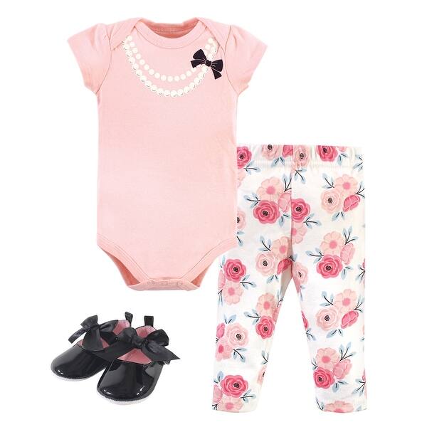 slide 1 of 1, Little Treasure Baby Girl Cotton Bodysuit, Pant and Shoe 3pc Set, Black Pink Pearls 0-3 Months - Black Pink Pearls