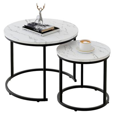Round Nesting Coffee Table Side Table Set of 2 End Tables , Faux Marble Wooden Table 31IN Accent Large Coffee Table