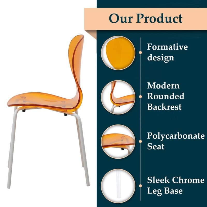 Oyster Modern Transparent Stackable Dining Accent Chair with X-Frame Stainless Steel Legs for Indoor Outdoor (Set of 2)