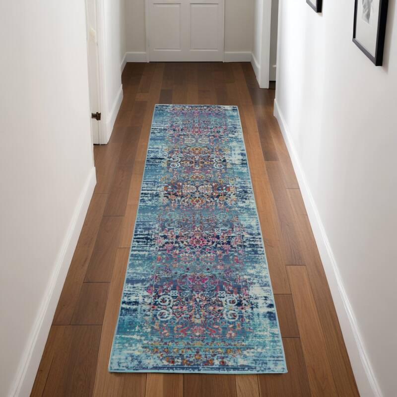 HomeRootsFloral Transitional Runner Area Rug - 96' X '28' X '0.5 - 96' X '28' X '0.5 - Blue/Orange/Red