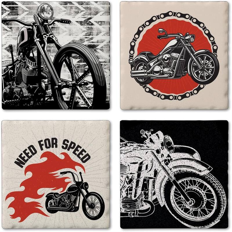 Motorcycles 4-Pack Tumbled Tile Stone Coasters with Protective Cork Backing 4" Square Made in The USA Artistic Absorbent - Multi