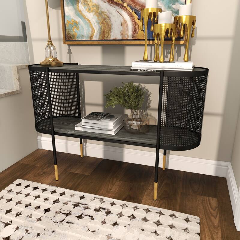 Black Metal Mesh Side Panel 1 Shelf Console Table with Open Center Storage