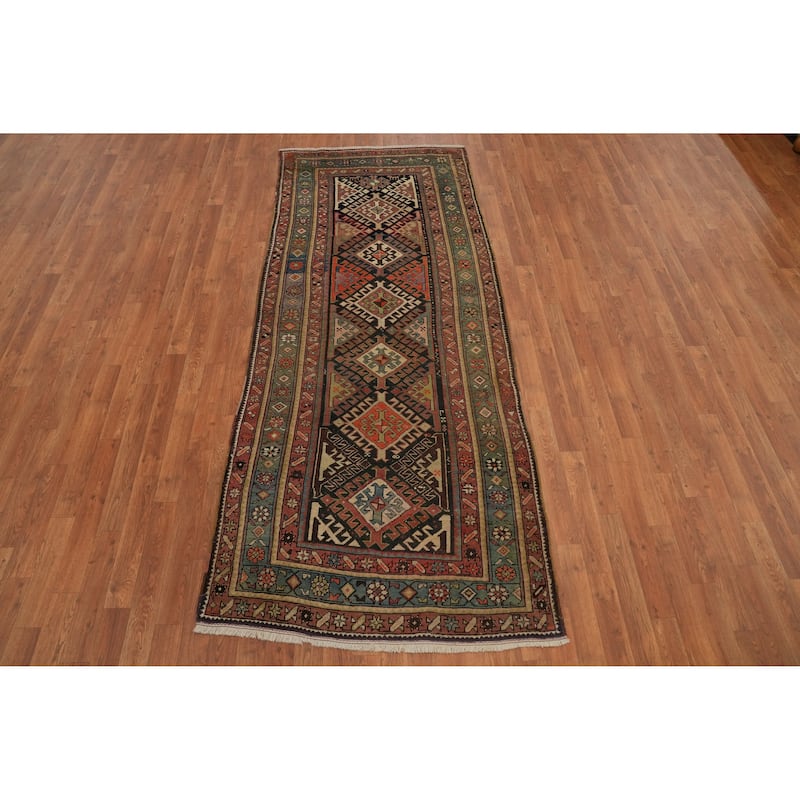 Hand Knotted Oriental 100% Wool Carpet Traditional Geometric Black Runner Rug - 8' 8'' X 3' 6''