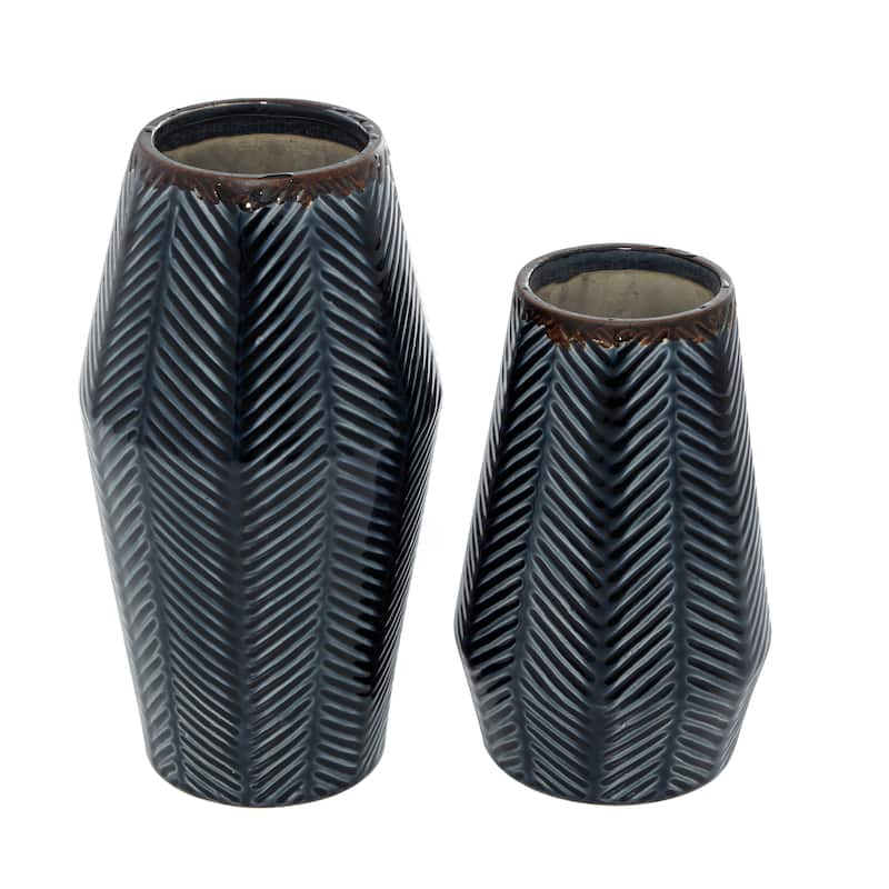 Ceramic Handmade Chevron Vase - Set of 2 Dark Blue - Roche River Decor - 6"W x 6"L x 11"H