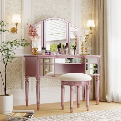 Dressing Table Set with Mirrored Drawers & Stool&Mirror&Makeup Vanity