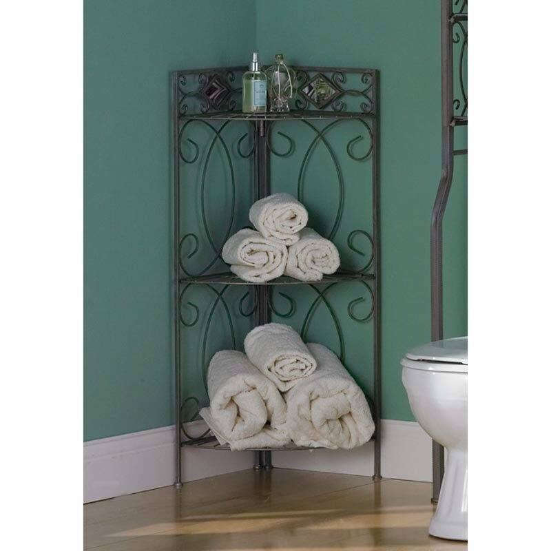 Daily Boutik Spacing Saving Corner Bathroom Linen Rack with 3 Shelves in Pewter Metal Finish
