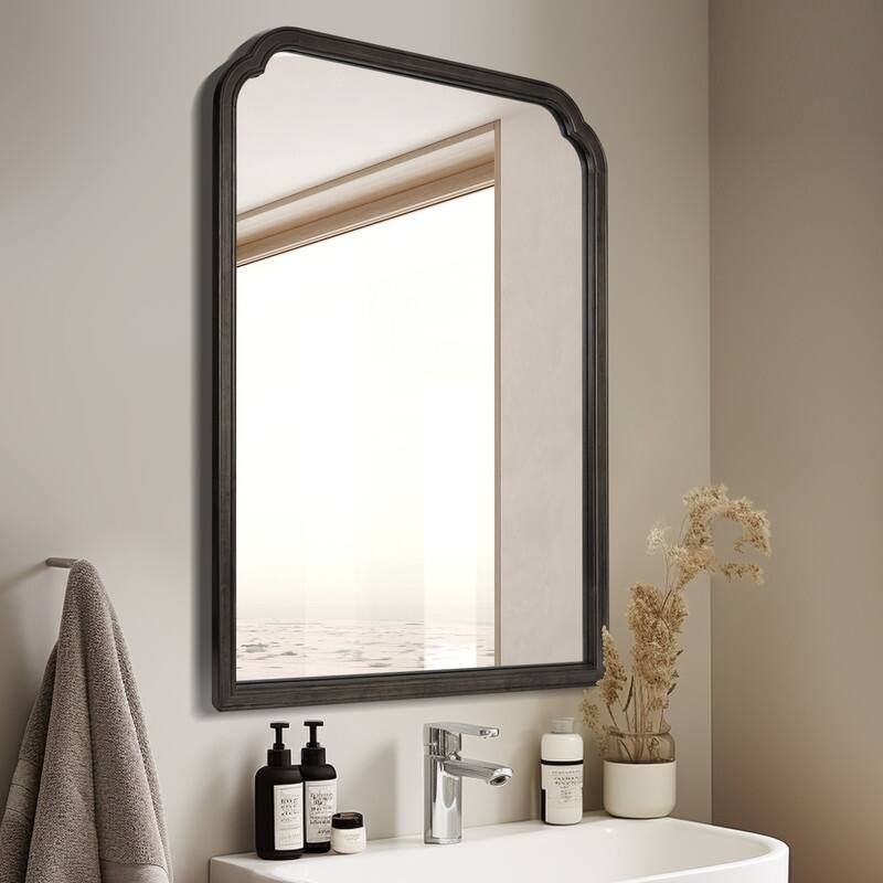 Top Corner Scalloped Rectangle Decorative Farmhouse Wall Mirror - 20"x30" - Black