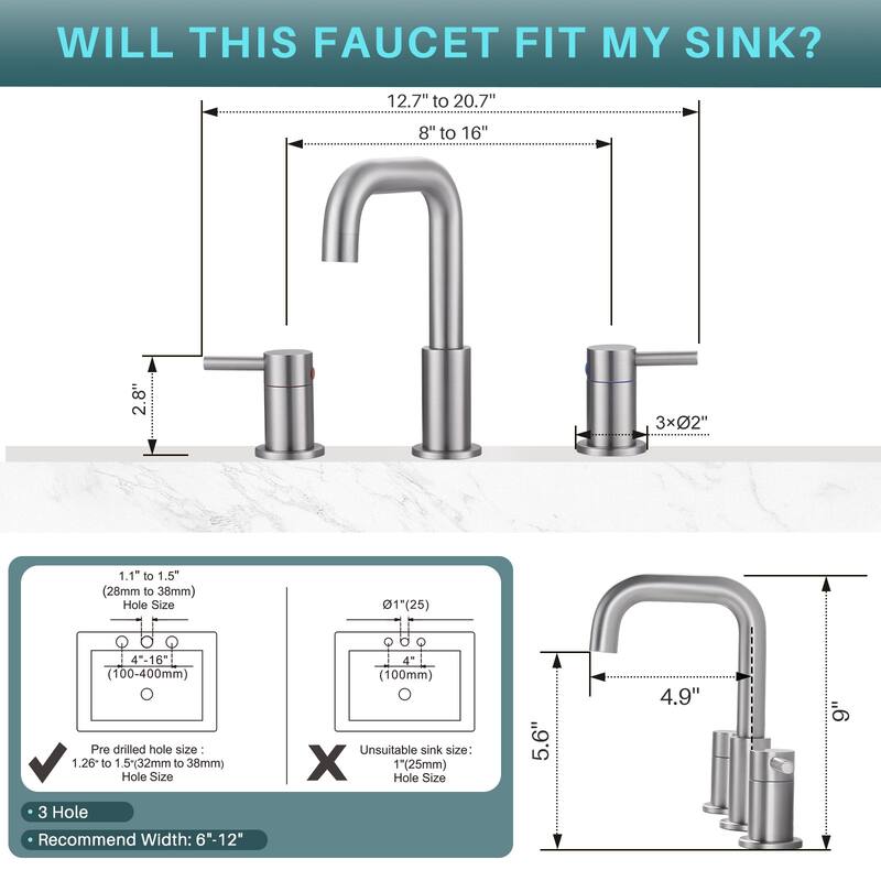 WOWOW 8 in. Widespread Double Handle Bathroom Faucet with Pop-Up Drain