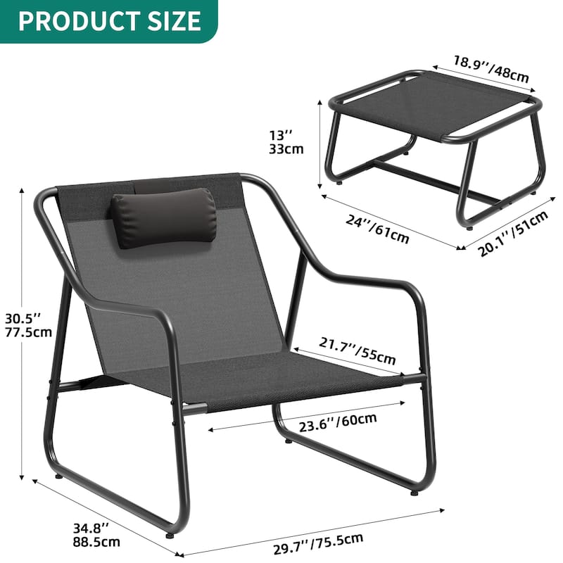 Moasis Outdoor Patio Lounge Chair Cushioned Accent Chair with Ottoman and Foam Headrest