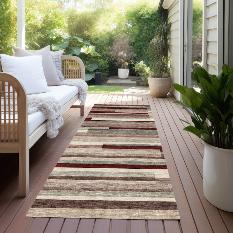 Machine Washable Indoor/ Outdoor Modern Stripes Chantille Rug - Merlot - 2'3" x 7'6"