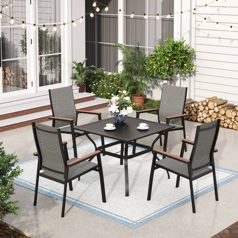 MAISON ARTS 5 Pieces Patio Dining Set, 4 x Aluminium Stackable Dining Chairs and 1 x Metal Table - Black - Taupe