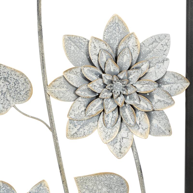Gray Metal Floral Home Wall Decor with Black Frame (Set of 2)