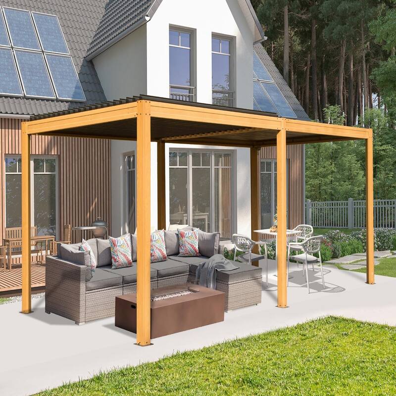 Louvered Pergola 10X20FT, Aluminum Pergola with Adjustable Roof - wood-looking