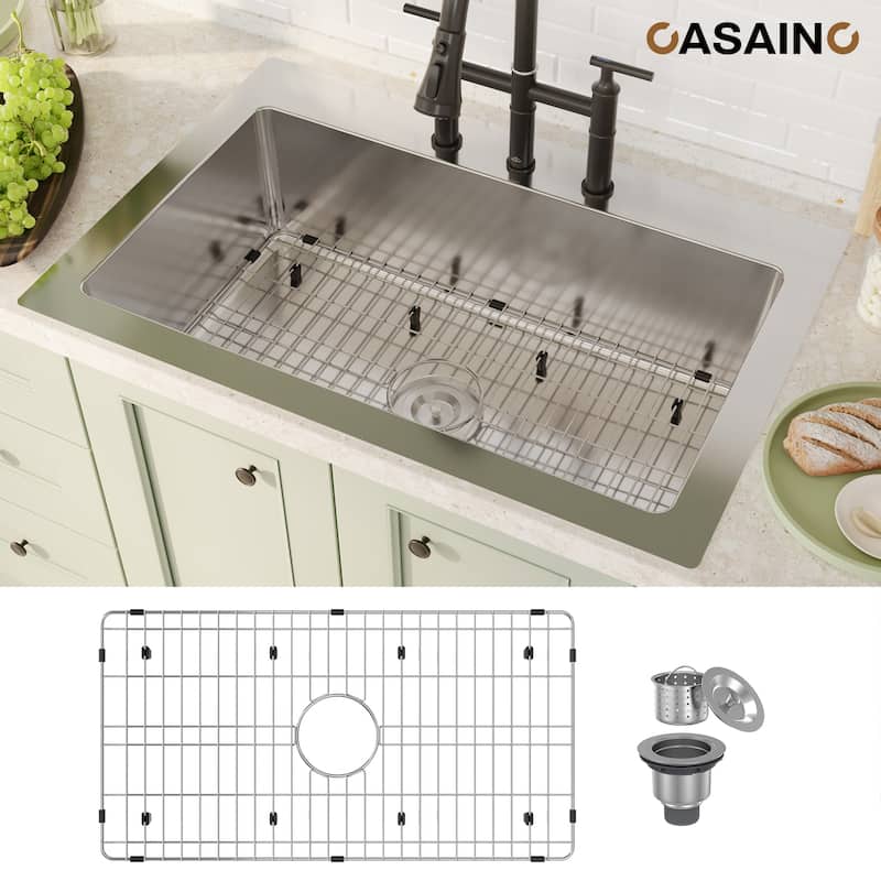 33 in. Drop-in Single Bowl 18 Gauge Brushed Stainless Steel Kitchen Sink with Bottom Grid and Basket Strainer, cUPC Certified