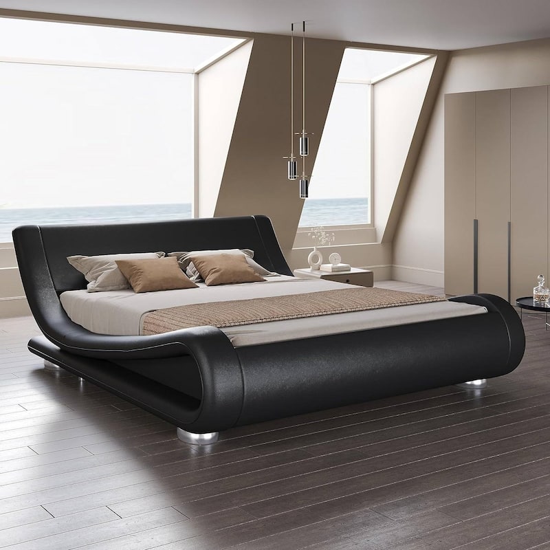 Upholstered White Platform Bed Frame with Curved Headboard and PU Leather