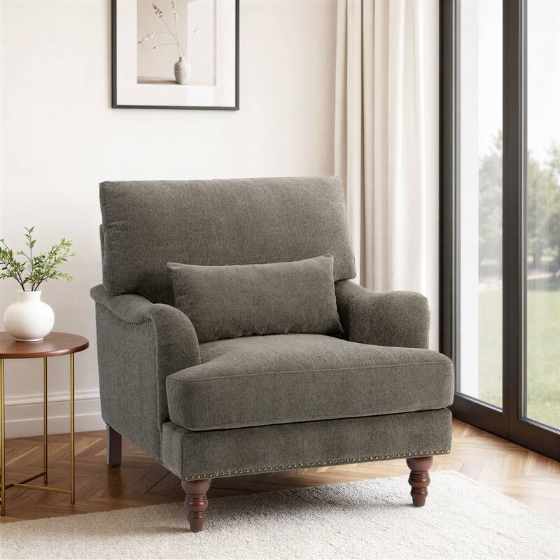 Chenille Accent Chair with Lumbar Pillow Nailhead Living Room