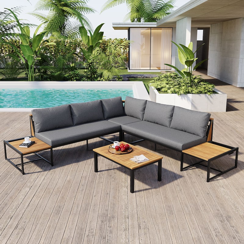 4 Pcs Outdoor Sofa Set with Waterproof Cushions, Patio Furniture Set with Coffee Table, Corner Chair and 2 Loveseats