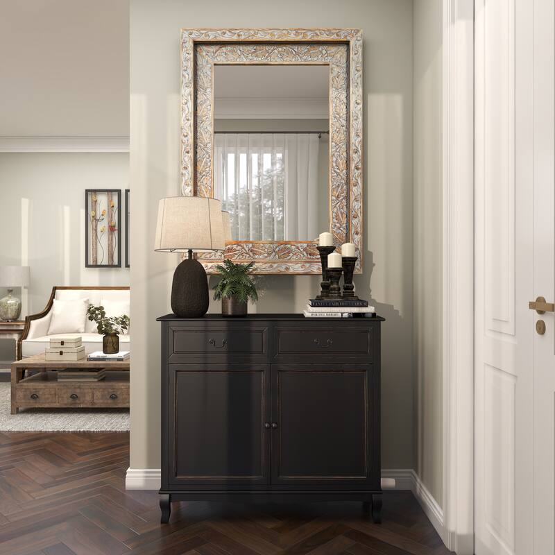 Gray Wood Handmade Intricately Carved Floral Room Wall Mirror