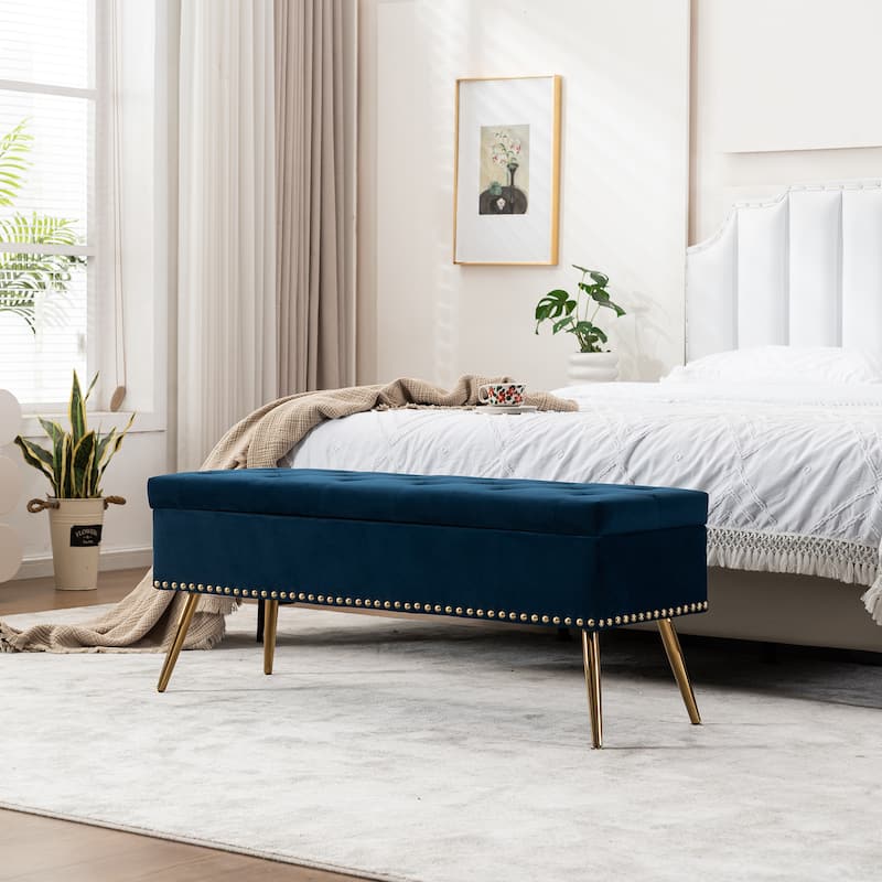 Velvet Storage Ottoman Bench with gold legs and Nailhead Trim for Bedroom/End of Bed/Entryway/Window