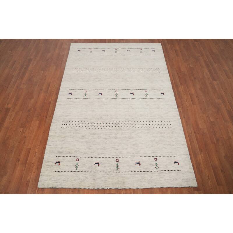 Hand Knotted Oriental 100% Wool Carpet Tribal Animal Pictorial Beige & Ivories Gabbeh Area Rug - 7' 9'' X 5' 1''
