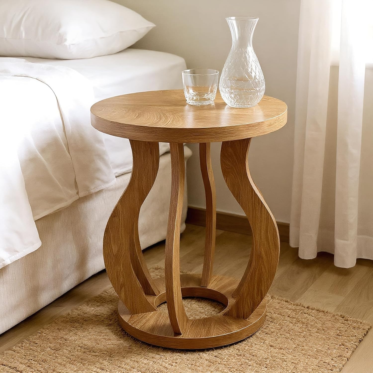 Round End Side Table with Curved Frame, Farmhouse Wooden Accent Nightstand for Bedroom, Small Spaces
