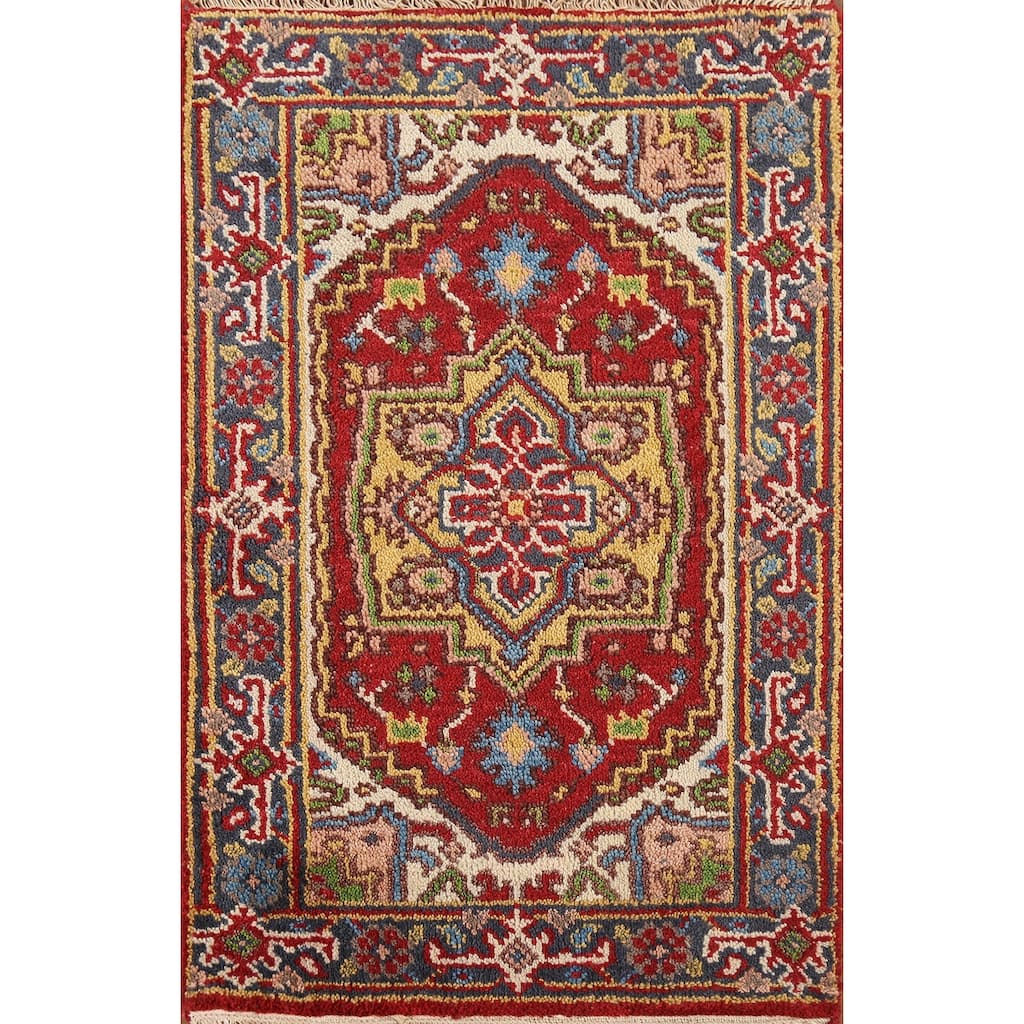 Red Geometric Heriz-Serapi Indian Accent Rug Hand-Knotted Wool Carpet - 2'0"x 3'0"