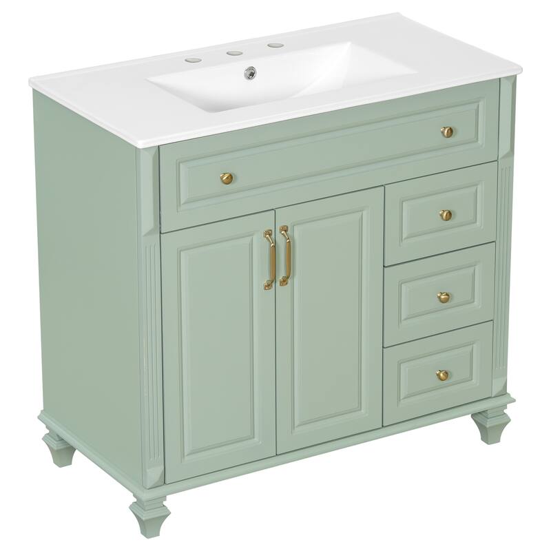 36" Bathroom Vanity with Sink - Solid Wood Cabinet with Flip Drawer, 3 Drawers & 2 Doors, Gold Handles, Modern Vanity