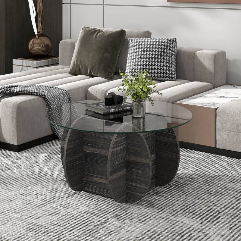 Costway 35" Round Coffee Table Modern Accent Table with Tempered Glass - Dark Rustic Oak - See Details