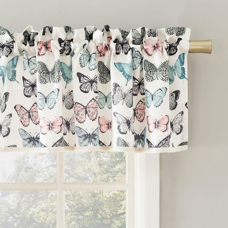 No. 918 Magdalena Butterfly Print Embroidered Trim Semi-Sheer Rod Pocket Curtain Valance - 54" x 18"