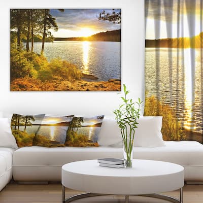 Beautiful View of Sunset over Lake" Landscape Wall Artwork Print on Canvas - Green