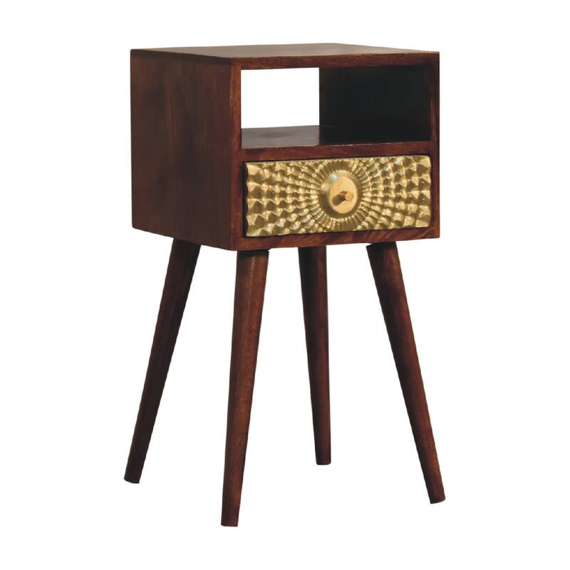 Solid Wood Mini Nightstand with Drawer and Open Shelf, Nordic Legs, Gold and Dark Brown