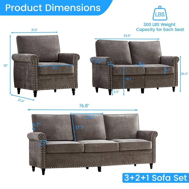 Mixoy 3Piece Chenille Living Room Sofa Set,Modern 3-Seater Sofa Couch&Loveseat Sofa&Single Sofa Armchair Set,Unique Riveted Look