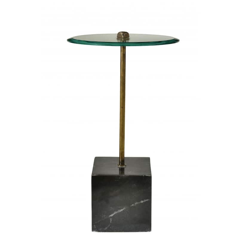 22 Inch Modern Round Side End Table with Glass Top and Black Marble Base for Living Room or Bedroom - 22"H x 16"W x 16"D